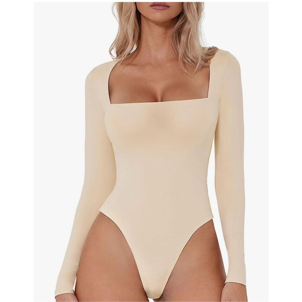 NEW QINSEN Square Neck Bodysuit Long Sleeve Double Lined M
